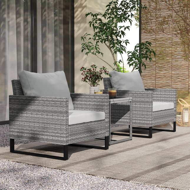3 Piece Grey Rattan Bistro Set with Cushions and Glass Top Table