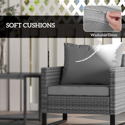 3 Piece Grey Rattan Bistro Set with Cushions and Glass Top Table
