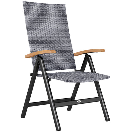 Folding Rattan Garden Dining Chair with 5-level Reclining High Back, Wood Armres