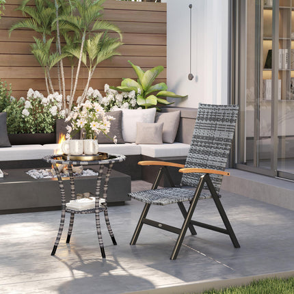 Folding Rattan Garden Dining Chair with 5-level Reclining High Back, Wood Armres
