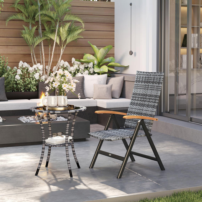 Folding Rattan Garden Dining Chair with 5-level Reclining High Back, Wood Armres