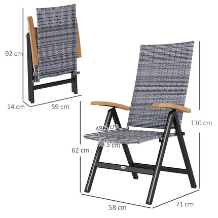 Folding Rattan Garden Dining Chair with 5-level Reclining High Back, Wood Armres