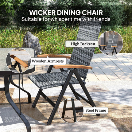 Folding Rattan Garden Dining Chair with 5-level Reclining High Back, Wood Armres