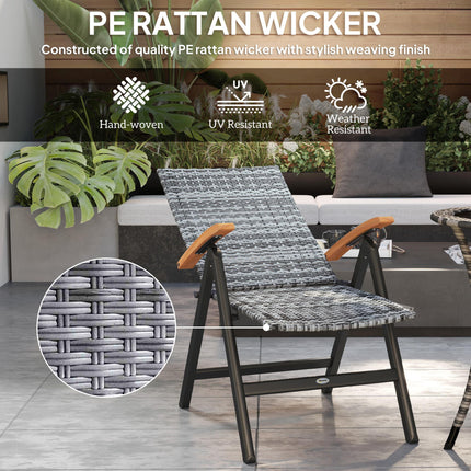 Folding Rattan Garden Dining Chair with 5-level Reclining High Back, Wood Armres