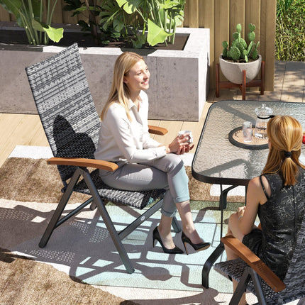 Folding Rattan Garden Dining Chair with 5-level Reclining High Back, Wood Armres