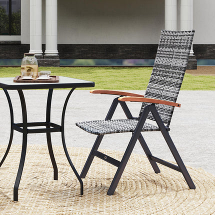Folding Rattan Garden Dining Chair with 5-level Reclining High Back, Wood Armres