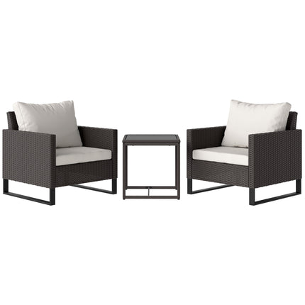 3 Piece Rattan Bistro Set with Cushions and Glass Table - Brown