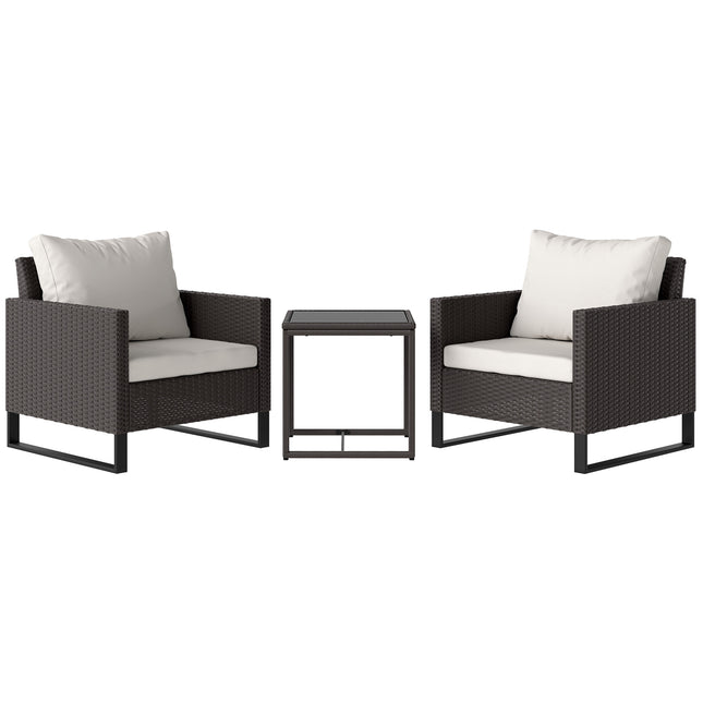 3 Piece Rattan Bistro Set with Cushions and Glass Table - Brown
