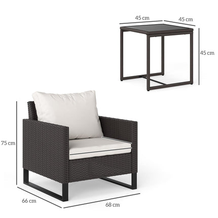 3 Piece Rattan Bistro Set with Cushions and Glass Table - Brown