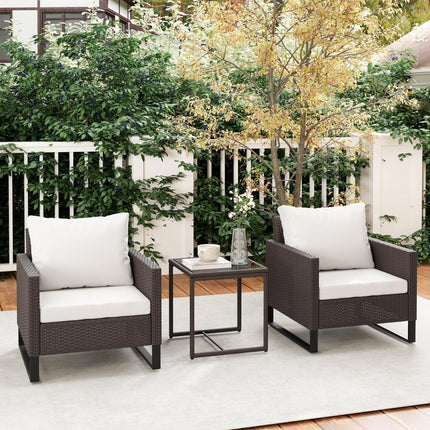 3 Piece Rattan Bistro Set with Cushions and Glass Table - Brown