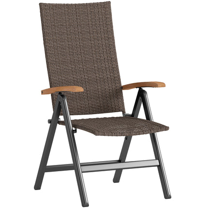 Folding Rattan Garden Dining Chair with 5-level Reclining High Back, Wood Armres