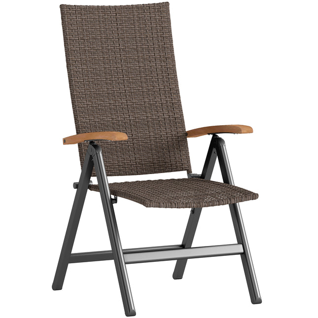 Folding Rattan Garden Dining Chair with 5-level Reclining High Back, Wood Armres