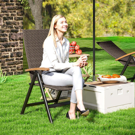 Folding Rattan Garden Dining Chair with 5-level Reclining High Back, Wood Armres