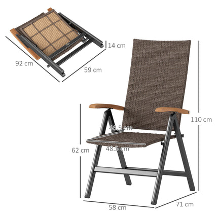 Folding Rattan Garden Dining Chair with 5-level Reclining High Back, Wood Armres