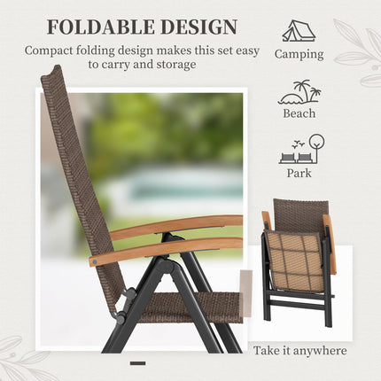 Folding Rattan Garden Dining Chair with 5-level Reclining High Back, Wood Armres