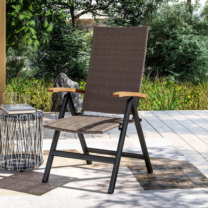 Folding Rattan Garden Dining Chair with 5-level Reclining High Back, Wood Armres