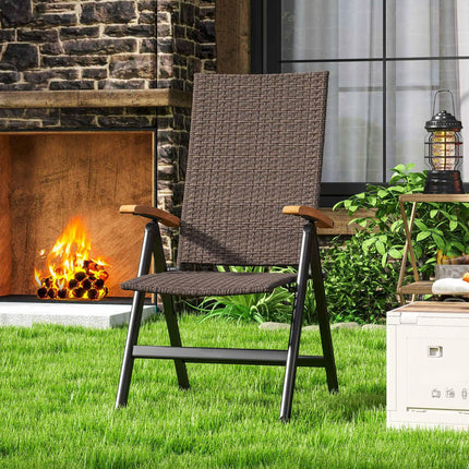 Folding Rattan Garden Dining Chair with 5-level Reclining High Back, Wood Armres
