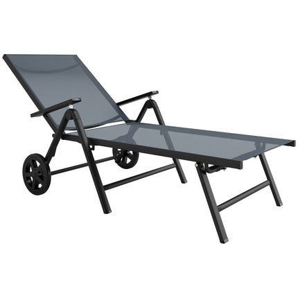 Folding Sun Lounger with Adjustable Backrest and Wheels - Grey