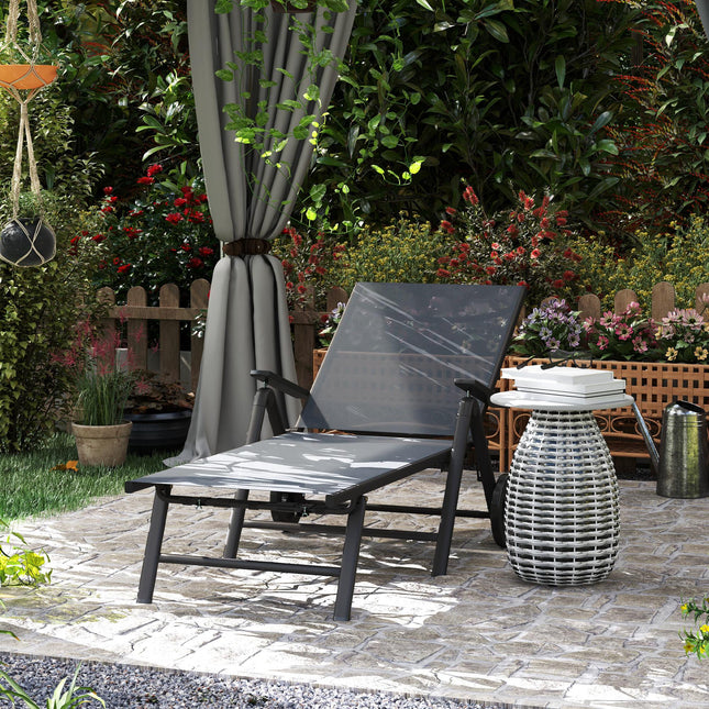 Folding Sun Lounger with Adjustable Backrest and Wheels - Grey