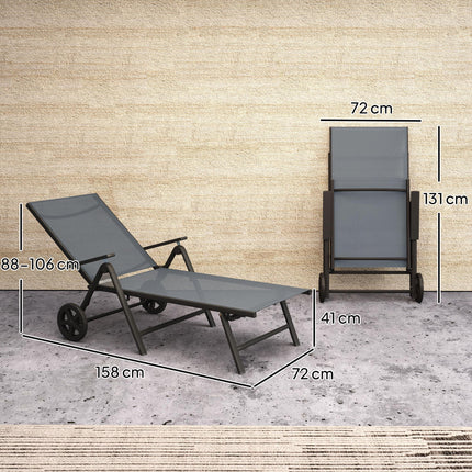 Folding Sun Lounger with Adjustable Backrest and Wheels - Grey
