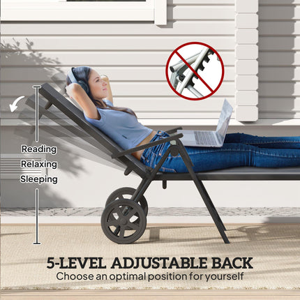Folding Sun Lounger with Adjustable Backrest and Wheels - Grey
