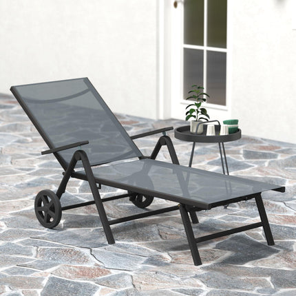 Folding Sun Lounger with Adjustable Backrest and Wheels - Grey
