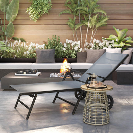 Folding Sun Lounger with Adjustable Backrest and Wheels - Grey