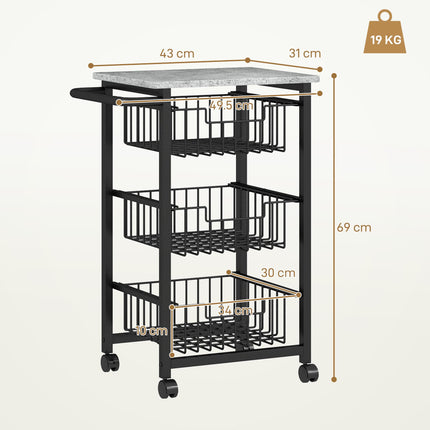 Three Basket Mobile Kitchen Island, with Brakes - Grey/Black