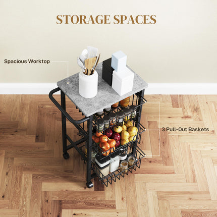 Three Basket Mobile Kitchen Island, with Brakes - Grey/Black