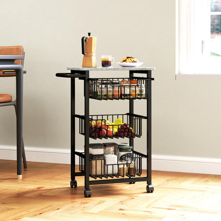 Three Basket Mobile Kitchen Island, with Brakes - Grey/Black