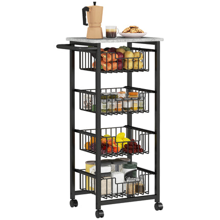 Four Basket Mobile Kitchen Island with Brakes and Marble-Effect Top - Grey/Black