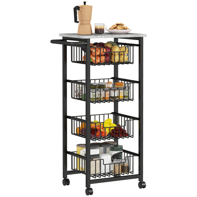 Four Basket Mobile Kitchen Island with Brakes and Marble-Effect Top - Grey/Black