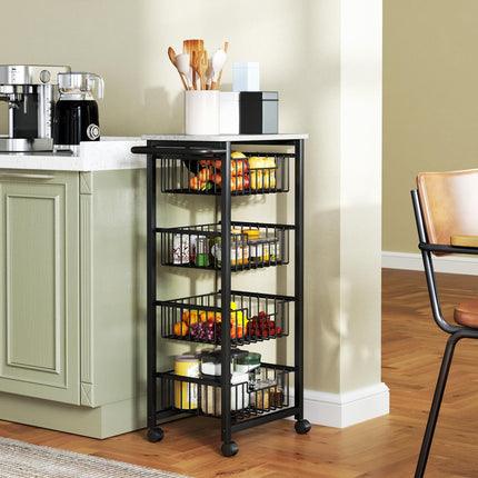Four Basket Mobile Kitchen Island with Brakes and Marble-Effect Top - Grey/Black
