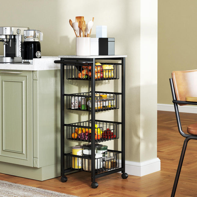 Four Basket Mobile Kitchen Island with Brakes and Marble-Effect Top - Grey/Black