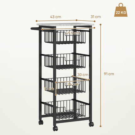 Four Basket Mobile Kitchen Island with Brakes and Marble-Effect Top - Grey/Black
