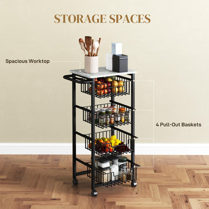 Four Basket Mobile Kitchen Island with Brakes and Marble-Effect Top - Grey/Black