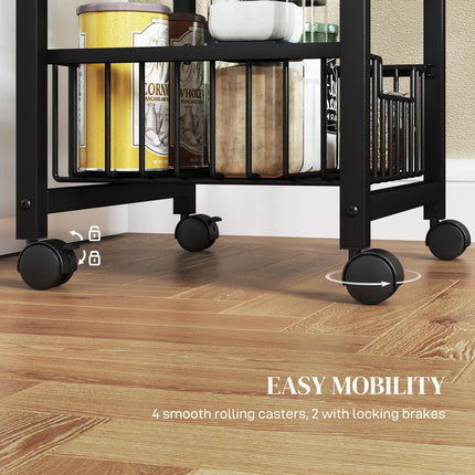 Four Basket Mobile Kitchen Island with Brakes and Marble-Effect Top - Grey/Black