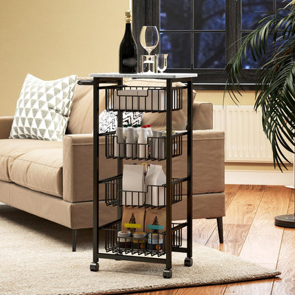 Four Basket Mobile Kitchen Island with Brakes and Marble-Effect Top - Grey/Black