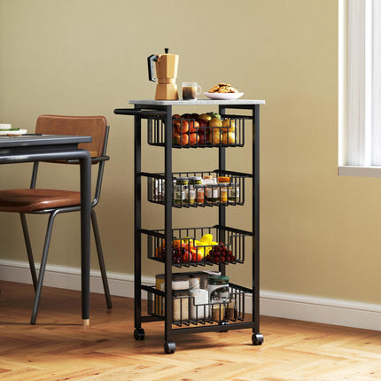 Four Basket Mobile Kitchen Island with Brakes and Marble-Effect Top - Grey/Black