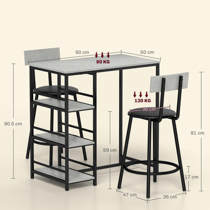 Three-Piece Kitchen Dining Set with Shelves - Grey/Black