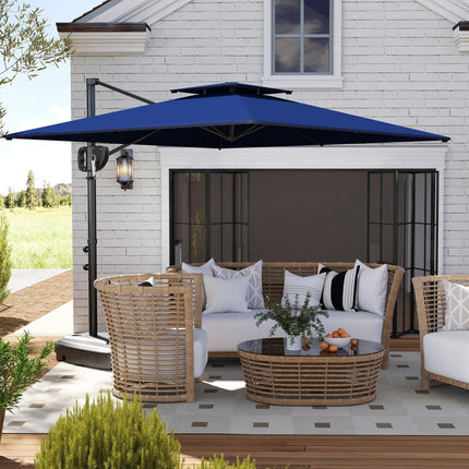 Cantilever Double Top Garden Parasol with Weighted Base and Crank Tilt - Dark Blue