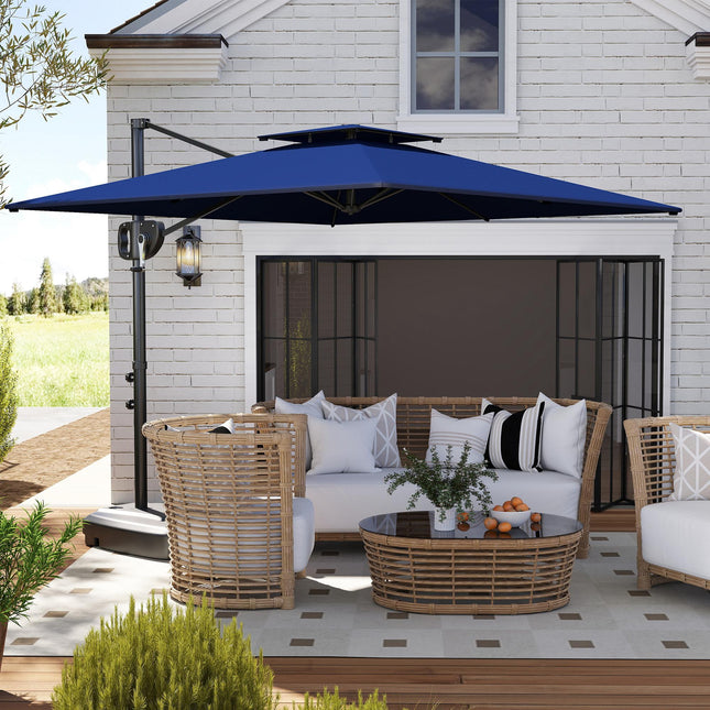 Cantilever Double Top Garden Parasol with Weighted Base and Crank Tilt - Dark Blue