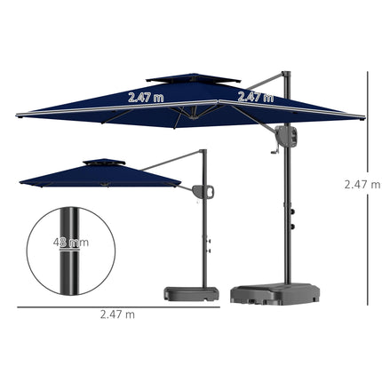 Cantilever Double Top Garden Parasol with Weighted Base and Crank Tilt - Dark Blue