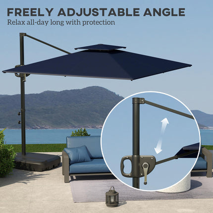 Cantilever Double Top Garden Parasol with Weighted Base and Crank Tilt - Dark Blue