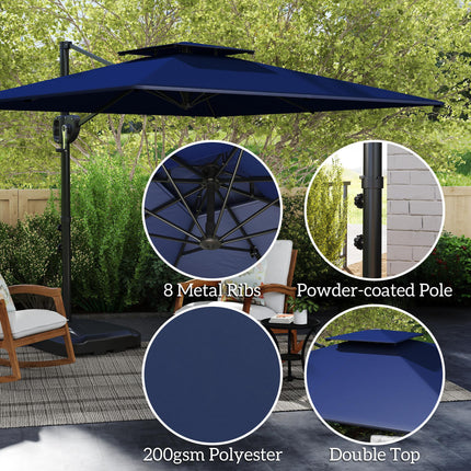 Cantilever Double Top Garden Parasol with Weighted Base and Crank Tilt - Dark Blue