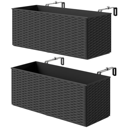 Set of 2 Raised Rattan Effect Planters with Hooks - Black