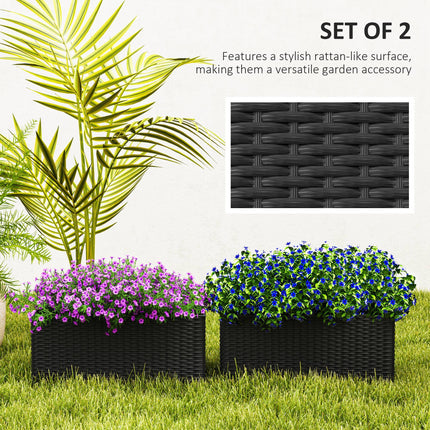 Set of 2 Raised Rattan Effect Planters with Hooks - Black