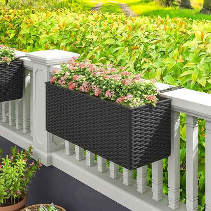 Set of 2 Raised Rattan Effect Planters with Hooks - Black