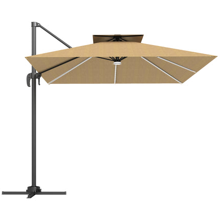 2.5m Cantilever Parasol with Solar LED Lights and 360° Rotation - Khaki