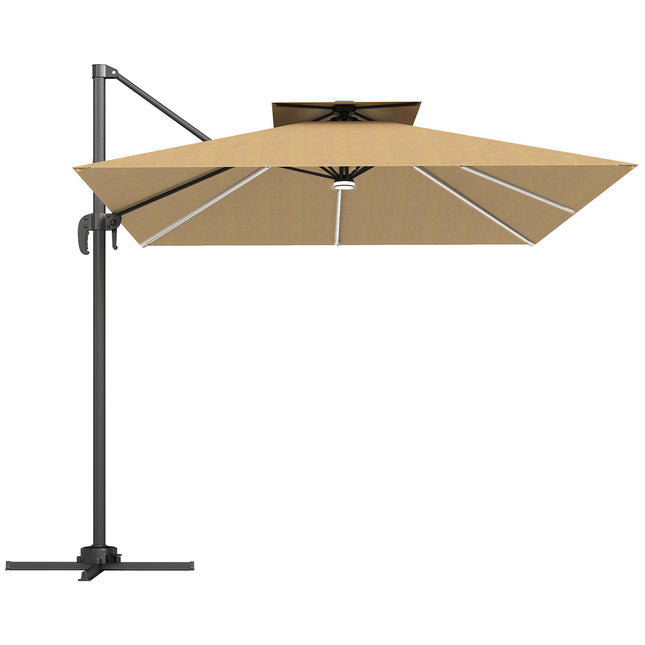 2.5m Cantilever Parasol with Solar LED Lights and 360° Rotation - Khaki